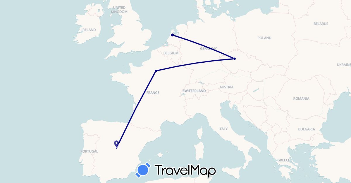 TravelMap itinerary: driving in Czech Republic, Spain, France, Netherlands (Europe)
